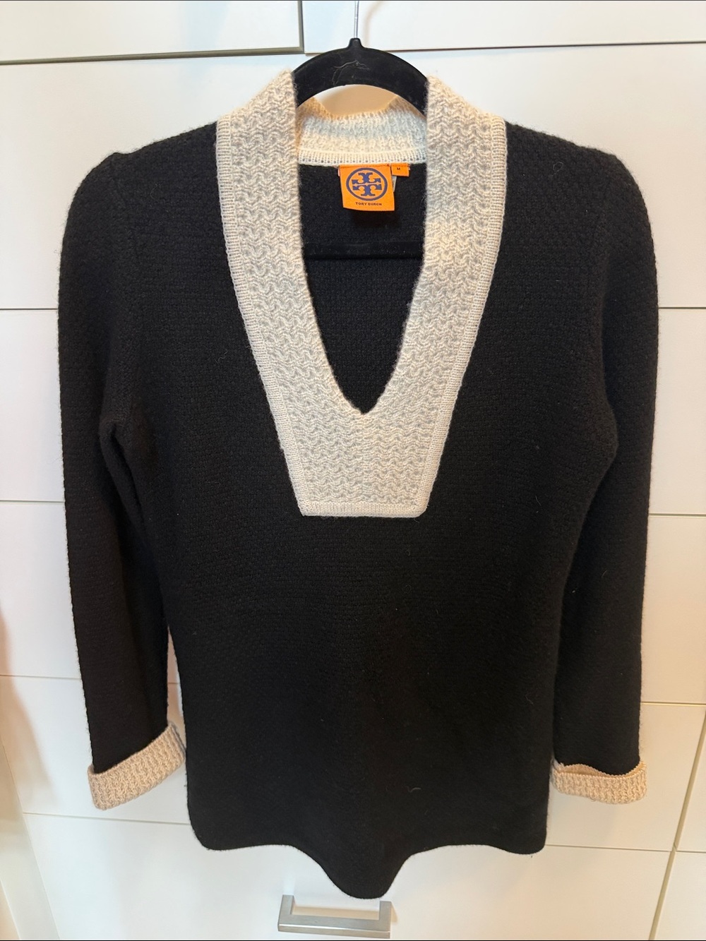 100% Cashmere Tory Burch Black Sweater Tunic with Cream V-Neck Trim